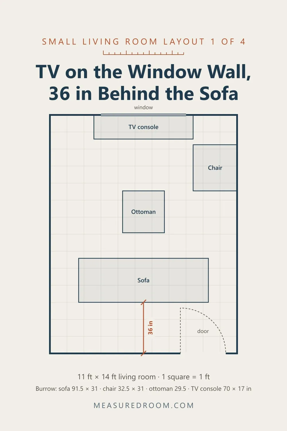 Small living room layout 1: TV on the window wall, the sofa floating with 36 inches behind it