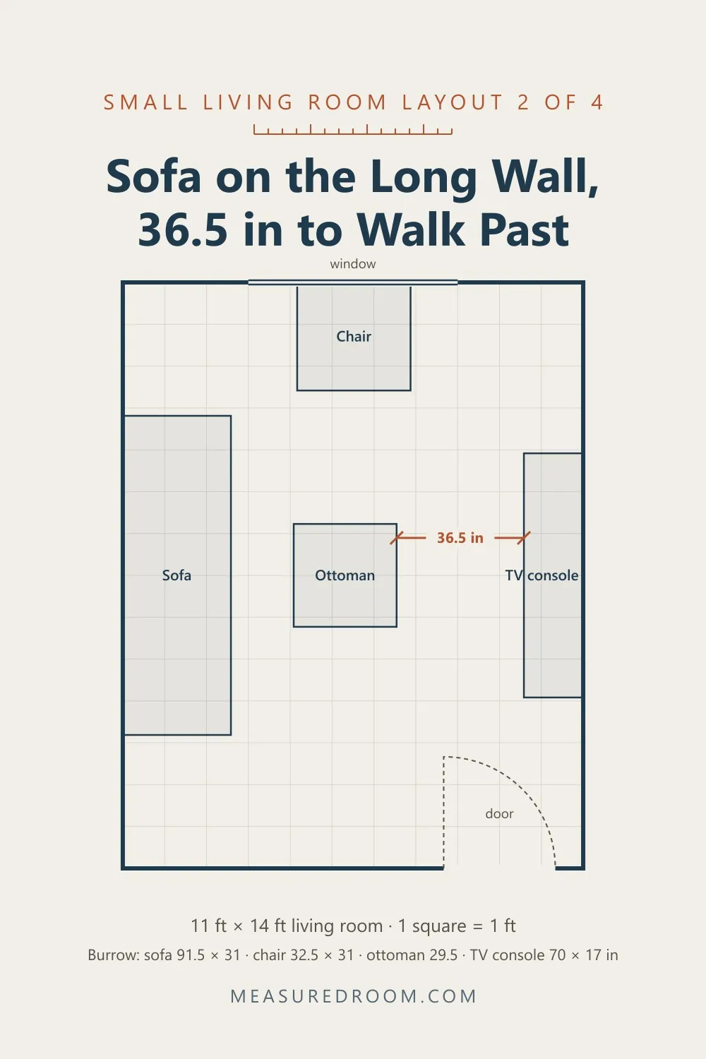 Small living room layout 2: sofa on the long wall, 36.5 inches to walk between the ottoman and the TV