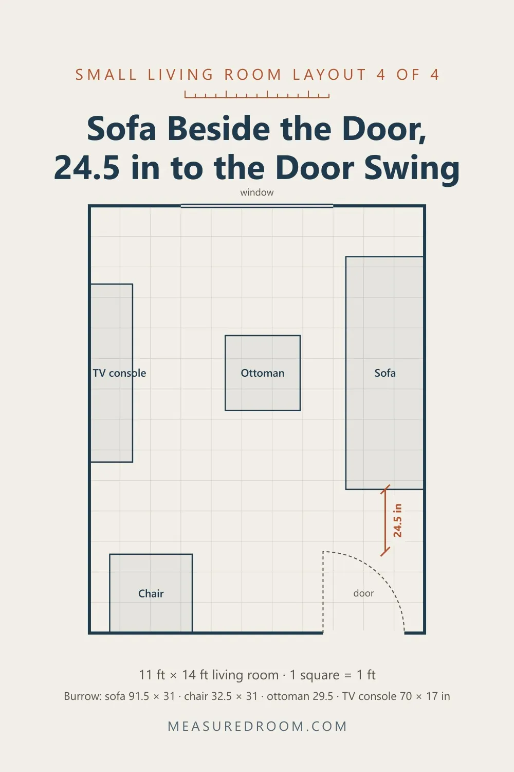 Small living room layout 4: sofa on the side wall, 24.5 inches from its end to the door swing