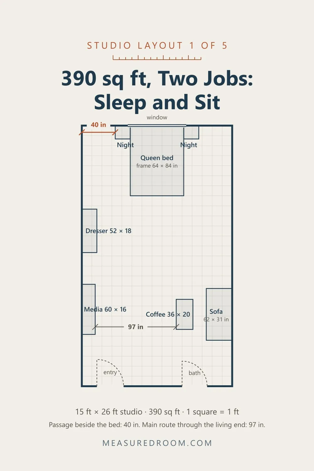 Studio layout 1: bed at the window, sofa and media unit at the entry end.