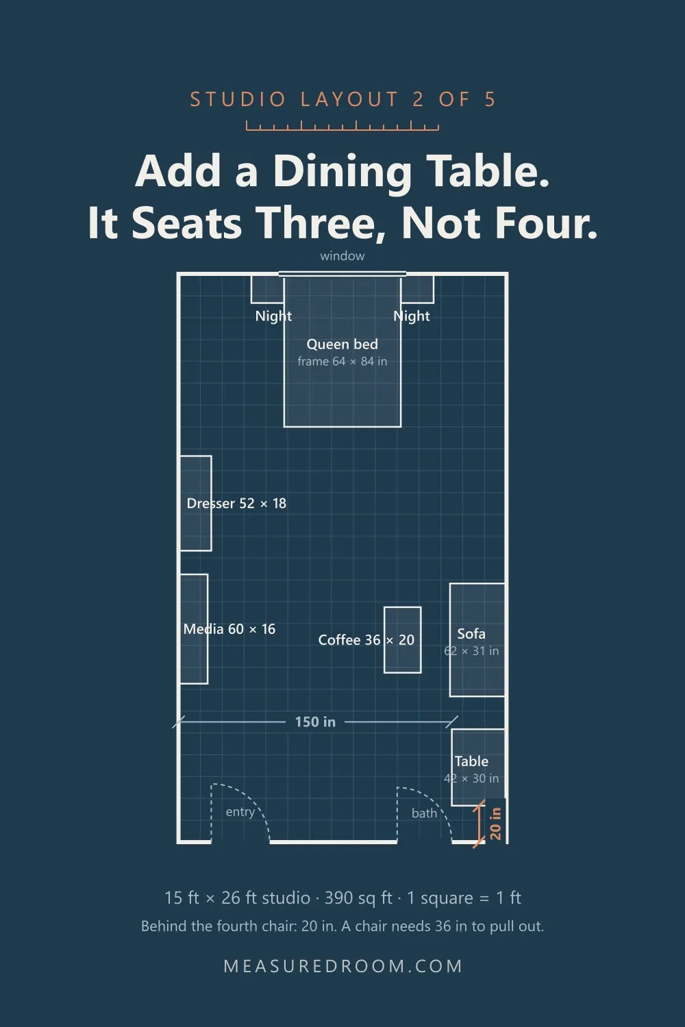 Studio layout 2: the same room with a dining table added against the wall.